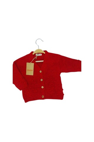 Kız Bebek Kırmızı Düğmeli Hırka-13685 Kırmızı