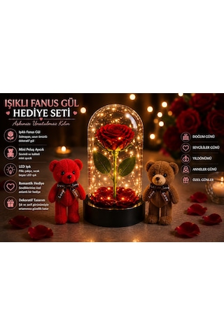 Led Işıklı Mika Fanus Solmayan Yapay Kırmızı Gül & 2 Mini Peluş Ayıcık Sevgiliye Romantik Hediye Set