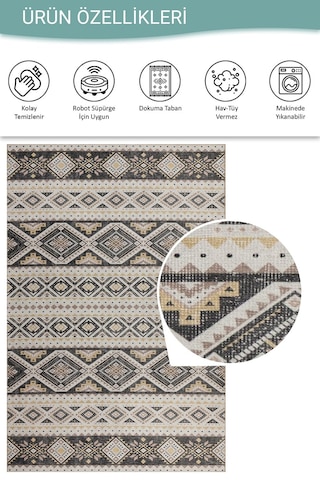 Artloop Nora Krem / Gri Etnik Desenli Dokuma Tabanlı Modern Şönil Halı Al 508 Bej