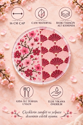 6 Lı Cam Tatlı Tabağı Kiraz Çiçeği & Japon Yelpaze Desenli 16 Cm 6 Adet Pasta Tabak Kırmızı