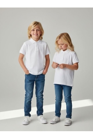 Zekids Çocuk Pamuklu Yakalı Kısa Kollu Beyaz T-shirt-16777 Beyaz