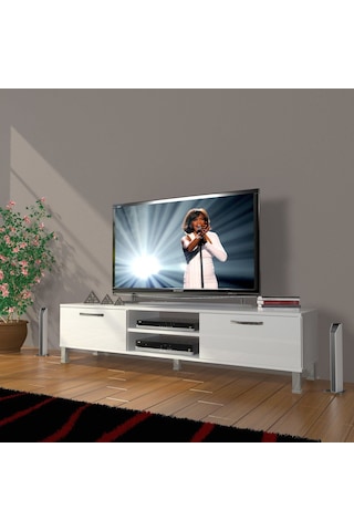 Decoraktiv Eko 140 Mdf Dvd Krom Ayaklı Tv Ünitesi Tv Sehpası - Parlak Beyaz Parlak Beyaz