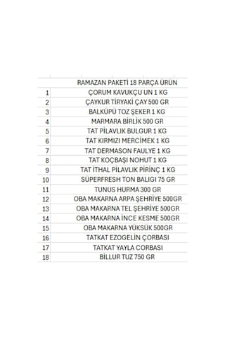 Ramazan Paketi Kumanya Yardım Gıda Erzak Kolisi 18 Parça Ürün Ekonomik Paket