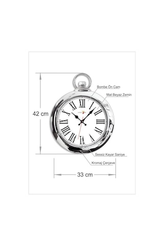 Kromajlı 42Cm Çerçeve Romen Rakkamlı Beyaz Zemin Cam Duvar Saati Gümüş