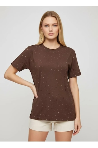 Park Karon 26047 Pamuk Kadın Bisiklet Yaka Taş İşleme Oversize Penye Bluz Kahve