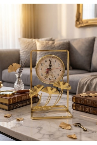 Gold Metal Çerçeveli Paris Manzaralı Ginkgo Yapraklı Dekoratif Masa Üstü Saat Ve Biblo 24x16 Cm Saat Seçeneği-Saatli
