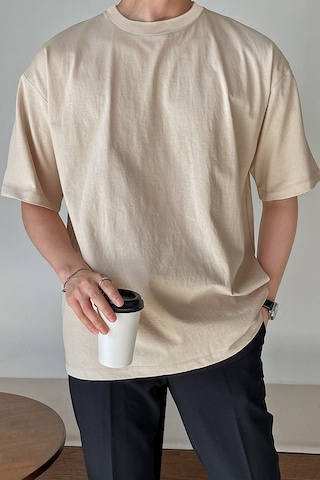 Genius Store Erkek Oversize Tişört Pamuk Kumaş Bisiklet Yaka Rahat Kalıp T-shirt Bej