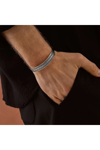 925 Ayar Gümüş İşlemeli Örgü Model Unısex Kelepçe Bileklik Gümüş