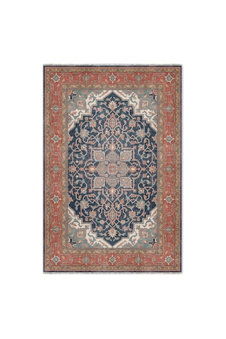 Vintage Oriental Desenli Lacivert Kiremit Eskitme Görünüm Klasik Oturma Odası Dekoratif Halıth3041 Lacivert - Somon - Kiremit