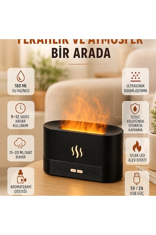 Ultrasonik Aromaterapi Difüzörü 180 Ml Hazneli Dekoratif Alev Efektli Nemlendirici