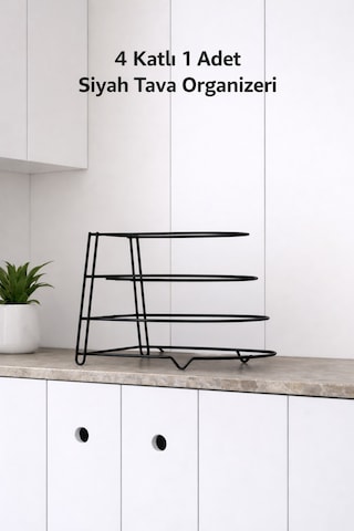 Karteya 4 Katlı Bölmeli Metal Organizer Tava Rafı Siyah Mutfak Düzenleyici Siyah