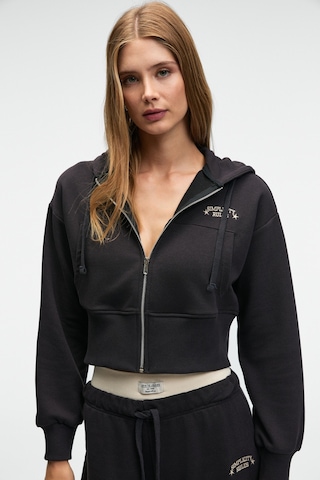 Grımelange Elara Kadın Metal Fermuarlı Nakışlı Kapüşonlu Crop Antrasit Sweatshirt Antrasit