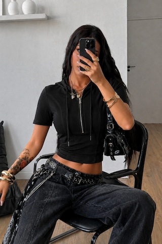 Tarz Cool Kapüşonlu Crop Tişört Fermuarlı Kısa Kollu Kadın Üst Body Siyah
