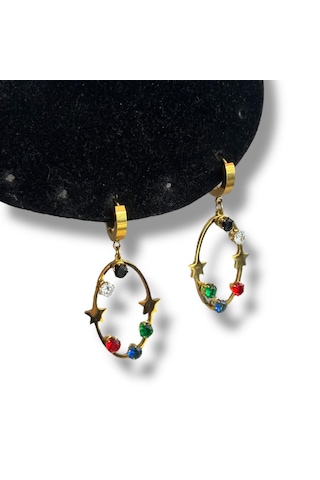 Kırmızı Sanat Evi Karışık Renkli Sallantılı Yıldızlı Çelik Küpe