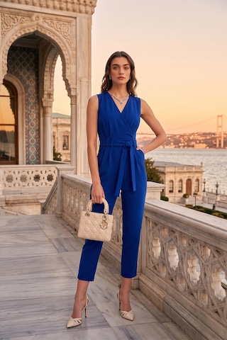 Lela Slim Fit Düz Paça Kruvaze Yaka Kemerli Bayan Tulum 6783626 Saks