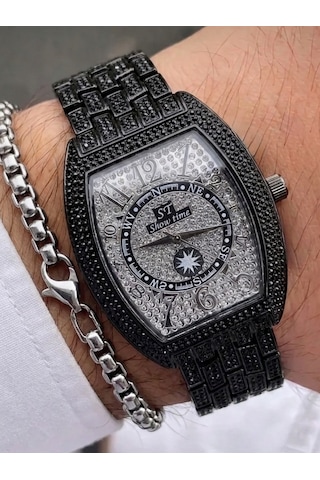 Erkek Taş İşlemeli Çelik Kol Saati Lüks Quartz Erkek Saati Premium Tasarım Bileklik Hediyeli Şık Erkek Kol Saati Siyah-25 Cm