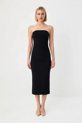 Benerly Kadın Straplez Bodycon Maxi Elbise Kolsuz Derin Yırtmaçlı Poplin Siyah