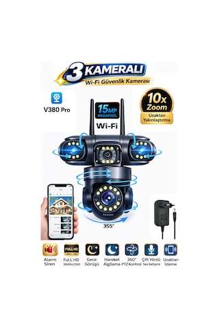Rx113w Wifi 3 Kameralı Güvenlik Kamerası 15mp Ultra Hd Ptz Hareketli Sesli Gece Görüşlü Akıllı Kamera