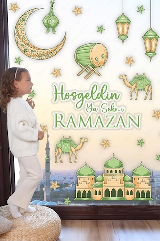 Hoşgeldin Ya Şehr-i Ramazan Yeşil Tonlarda Cami Hilal Develerden Oluşan Cam Duvar Sticker Seti Ramazan Süsleri Seti Çok Renkli