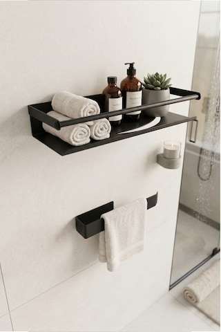 Zift Unique Paslanmaz Çelik Yapışkanlı Duş Rafı Ve Havluluk Set, Havlu Askısı Ve Banyo Rafı Siyah