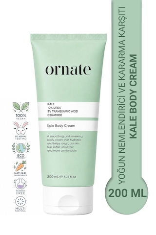 Kale, %10 Üre, %3 Traneksamik Asit, Seramid İçeren 24 Saat Etkili, Yoğun Nemlendirici, Pürüzsüzleştirici, Ton Eşitleyici Vücut Kremi 200 Ml