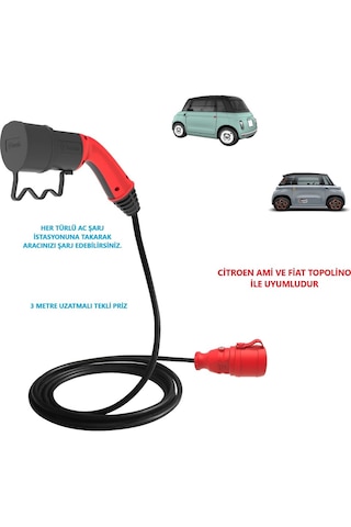 Bemis Citroen Ve Fiat Topolino, 3 Metre Uzatmalı, Ac Şarj Kablosu C2l Tekli-ıkili-üçlü Priz Seçenekli Tekli 3.5 Kw
