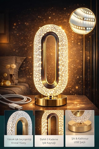 Dokunmatik Şarjlı 3 Kademeli Işıklı Kristal Led Masa Lambası, Altın, 12 X 24 Cm Çok Renkli