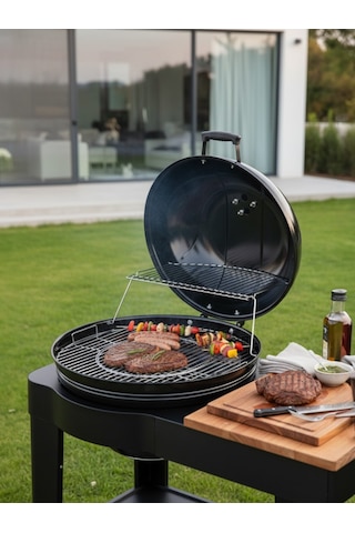 Tezgahlı Kapaklı Mangal Tekerli Kömürlü Mangal Geniş Izgara Alanı Siyah Barbekü