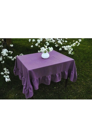 Buldan Keten Fırfırlı Vintage Mor Masa Örtüsü Mor