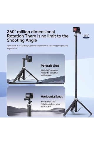 Tongxida 360 Derece Dönen 1,5m Selfie Çubuğu Katlanabilir Tripod Gopro Hero / Insta360 / Djı Osmo Action Siyah