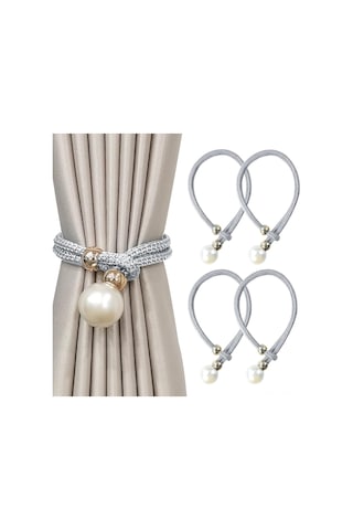 Hfambition Gri Büyük İnci Perde Bağlayıcı Seti - 4 Adet, Poliester İp + Sahte İnci Top, Ev Ofis Dekoru, Kolay Kullanım