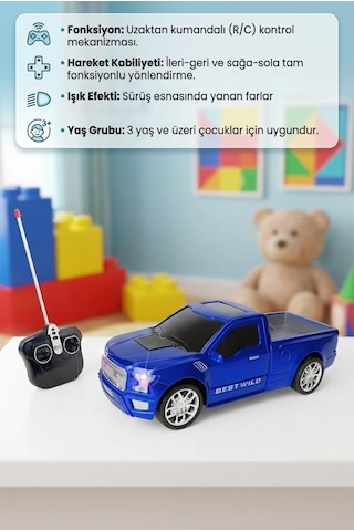 Uzaktan Kumandalı Işıklı Şarjlı 4 Yön Fonksiyonlu Detaylı Arkası Açık Oyuncak Pikap Kamyonet Mavi