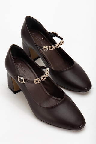 Kadın Stiletto Topuklu Ayakkabı Kahve Suni Deri Baret Taşlı Kalın Topuklu-4172 Kahve