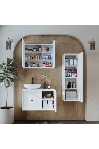 Lavabolu Mdf 75 Cm Çekmeceli Gusto Banyo Dolap + Aynalı Dlp Beyaz Mat Beyaz