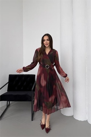 Neşeli Butik Kadın Bordo Beli Kemerli Piliseli Kruvaze Yaka Şifon Elbise Nbelb03 Bordo