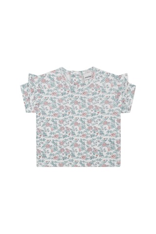 Antebies Organik Beyaz Kır Çiçek Desenli Fırfırlı Kısa Kollu Kız Bebek Tshirt Şort Takımı Mavi