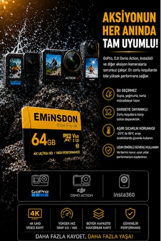 Elite Pro 64gb Hafıza Kartı 4k Drone Araç Aksiyon Telefon Ev Kamerasıyla Uyumlu