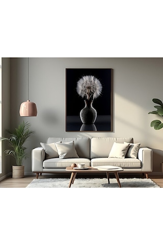 Tablo Ahşap Çerçeveli Tablo Çerçeveli Poster Siyah Vazoda Karahindiba Çiçeği Tablosu