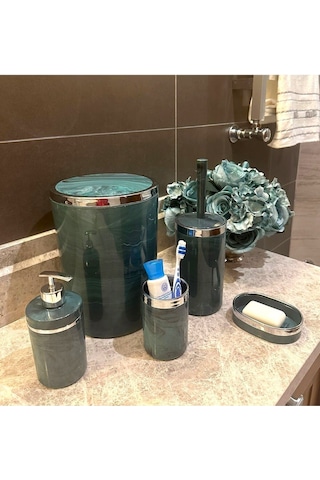 Makri Home Banyo Seti 5'li, Yuvarlak, Akrilik-çöp Kovası, Wc Fırçalık, Sıvı Sabunluk, Diş Fırçalık, El Sabunluk Yeşil