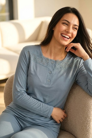 Aura Collections Kadın Dantelli Bambu Viskon Uzun Kollu Mevsimlik Soft Örme Pijama Takımı Turkuaz