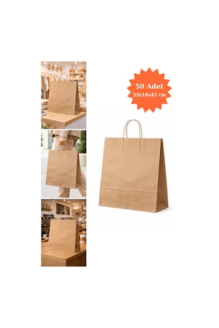 Burgu Saplı Kraft Çanta Kağıt Poşet Butik Mağaza Hediye Tatlı Torbası 33x18x42 Cm 50li