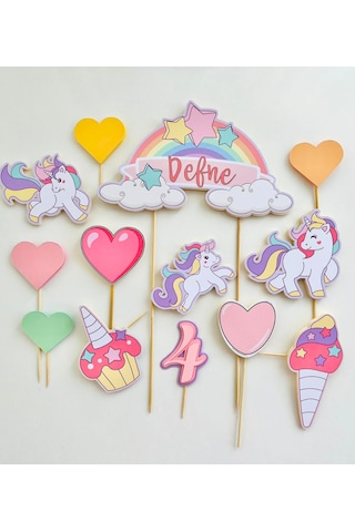 Unicorn Temalı İsme Özel Kız Çocuk Doğum Günü Pasta Süsü Seti