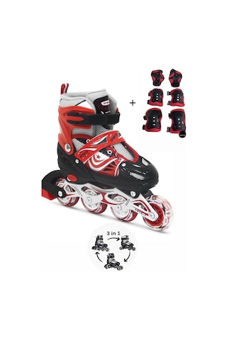 Işıklı Çocuk Pateni Silikon Ayarlanabilir Teker Metal Gövde Numaralı Ve Koruma Seti Kırmızı