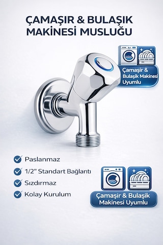 Çamaşır Makinesi Musluğu 1/2'' Krom Pirinç Dayanıklı Sızdırmaz Bulaşık Makinesi Uyumlu Metalik