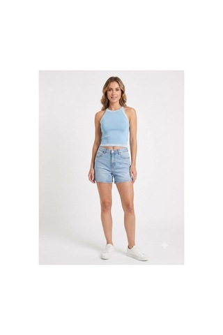 Onno Style Women Kolsuz Askılı Halter Yaka Triko Kadın Bluz Mavi