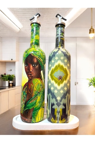 Geleneksel Desenler Ve Yerli Kadın Temalı Yağdanlık, Sirkelik Ve Sosluk Seti Vintage Mutfak Dekor Açık Yeşil