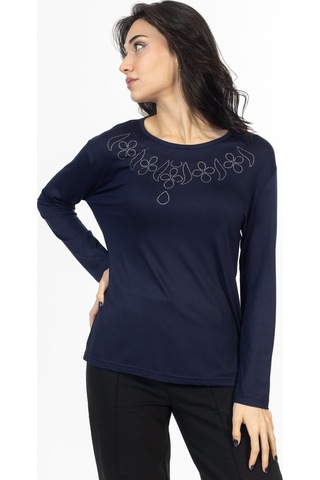 Yeni Model Taş İşlemeli Yuvarlak Yaka Likralı Anne Penye Bluz 6435-lacivert Lacivert