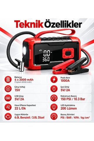 Taşınabilir Akü Takviye Cihazı Ve Dijital Hava Kompresör 1000a 8000 Mah 150 Psı Dijital Ekranlı Led Işıklı Lastik Şişirme
