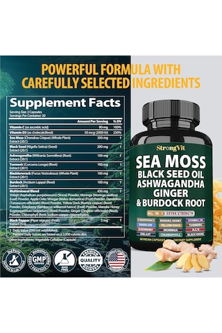 Strongvit Sea Moss Black Seed Oil,hint Ginseng, Burdock Root All-in-1 Extra Strength 60 Vegan Kapsülleri