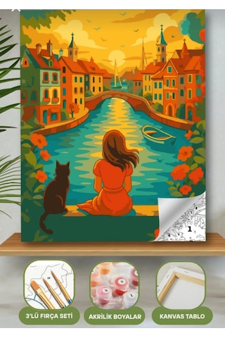 Denic Sayılarla Boyama Seti 40x50 Cm (Çıtalı) Fırça Boya Dahil Numaralı Tuval Kız ve Kedi